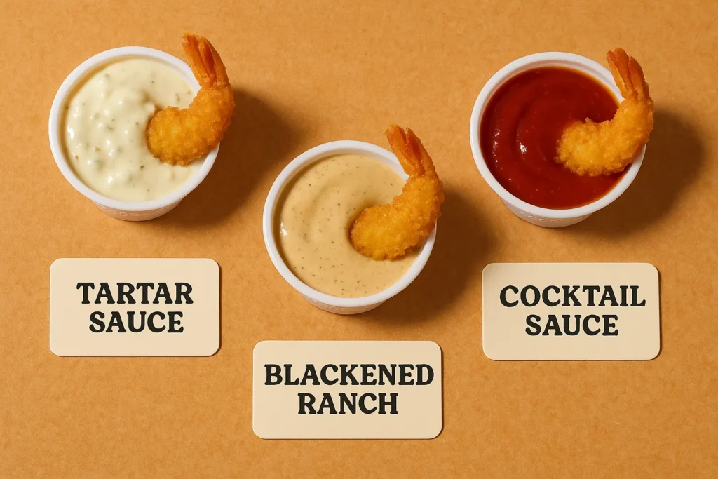 Popeyes dipping sauces for Shrimp Tackle Box including Tartar Sauce, Blackened Ranch, and Cocktail Sauce with shrimp on the side.