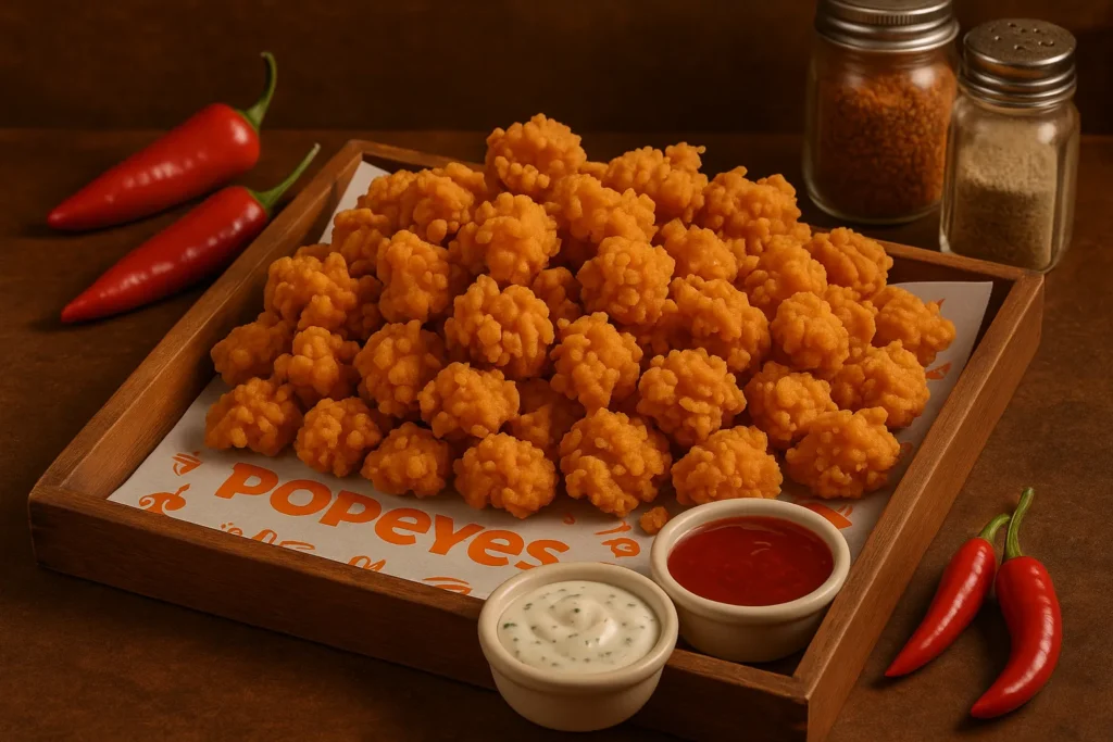 Tray of Popeyes popcorn chicken with Cajun sauces and spices on a rustic table