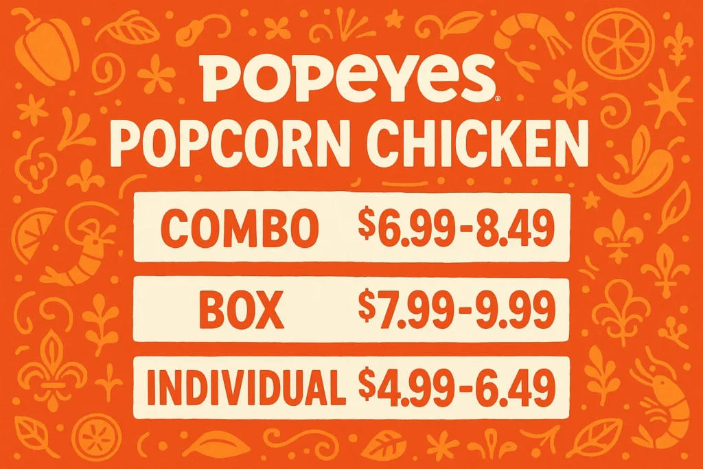 Infographic showing Popeyes Popcorn Chicken prices with Cajun theme