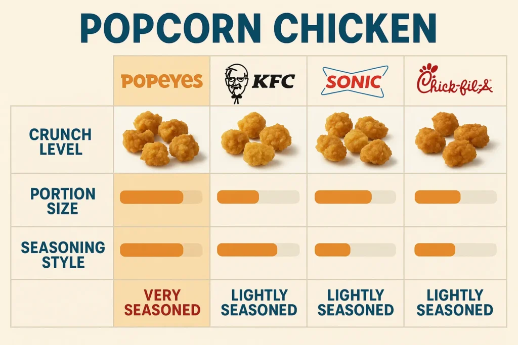 Comparison chart of popcorn chicken from Popeyes, KFC, Sonic, and Chick-fil-A