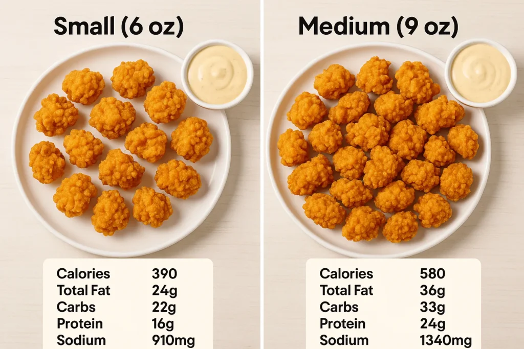Nutrition comparison of small and medium Popeyes popcorn chicken servings with calorie, fat, protein, and sodium data shown visually