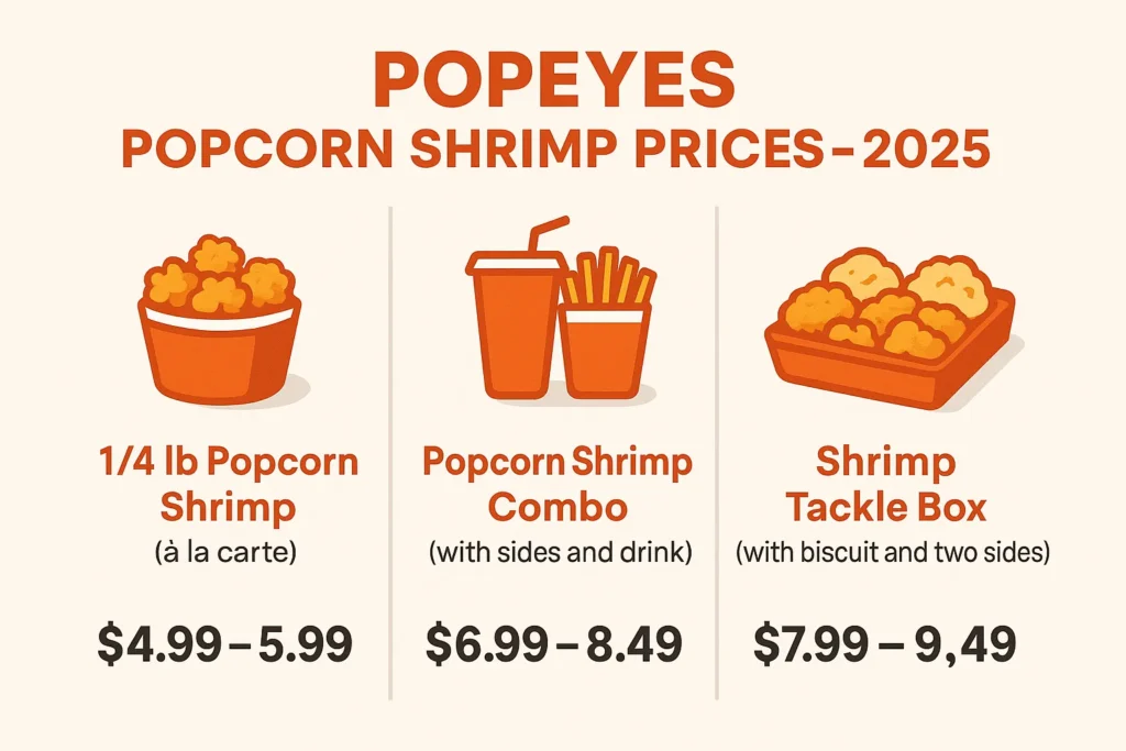 Infographic showing Popeyes popcorn shrimp price breakdown by serving type