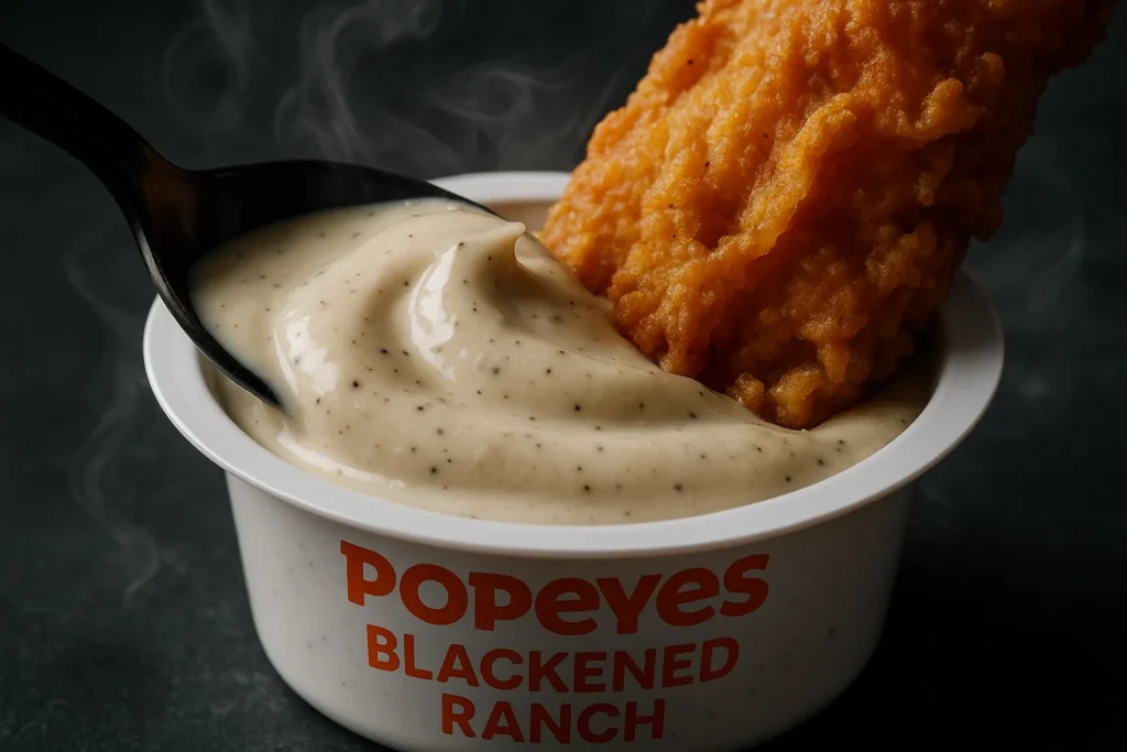 Close-up of Popeyes Blackened Ranch sauce with chicken tender