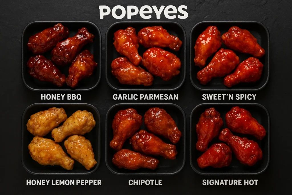 Popeyes wing sauces variety: BBQ, Garlic Parmesan, Lemon Pepper, Sweet'N Spicy, Chipotle, Hot