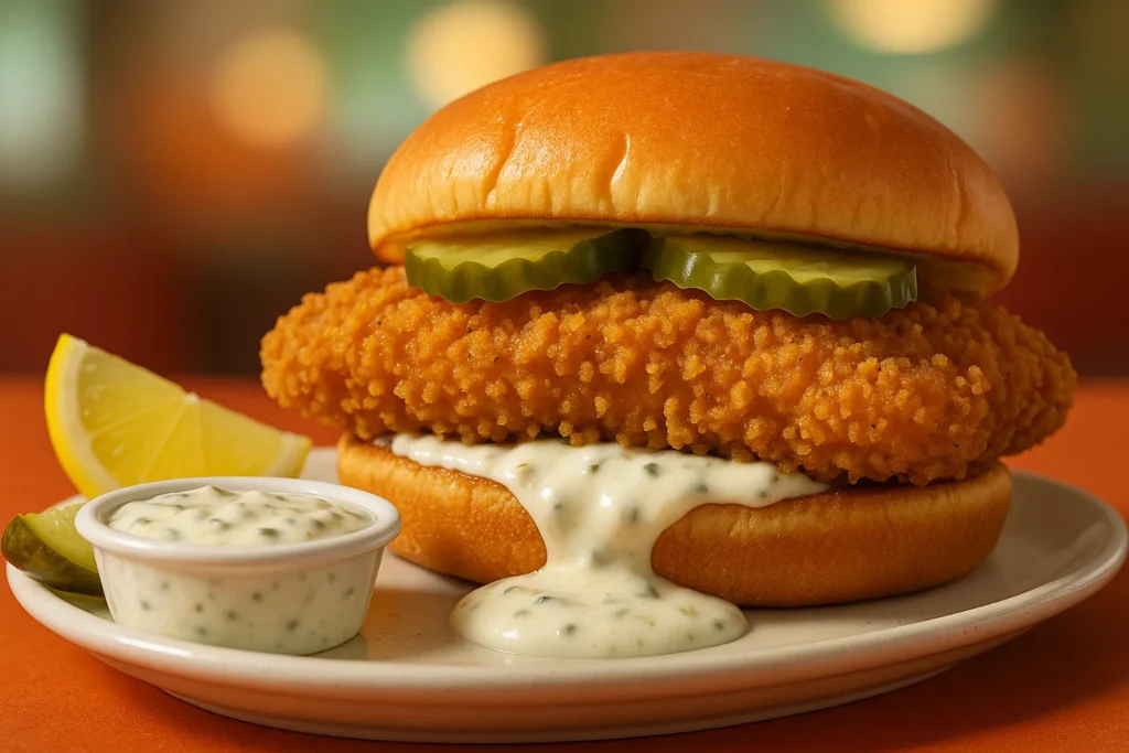 Tartar sauce in Popeyes fish sandwich with close-up detail