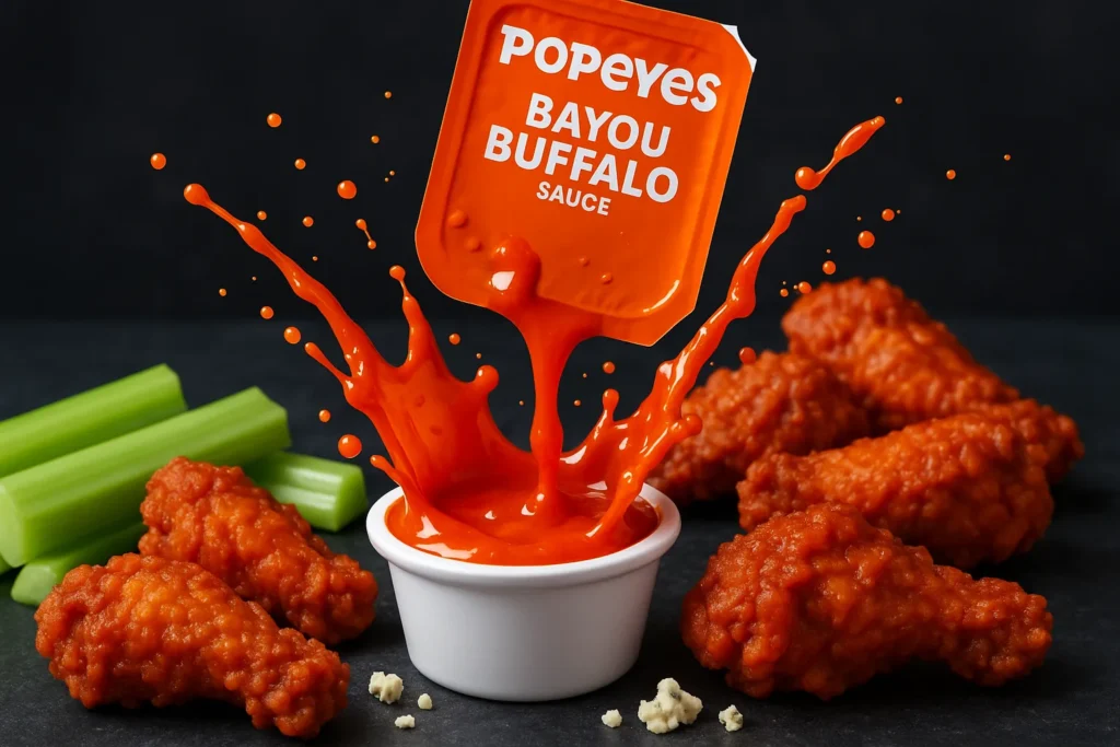 Bayou Buffalo sauce splash with Popeyes wings and celery
