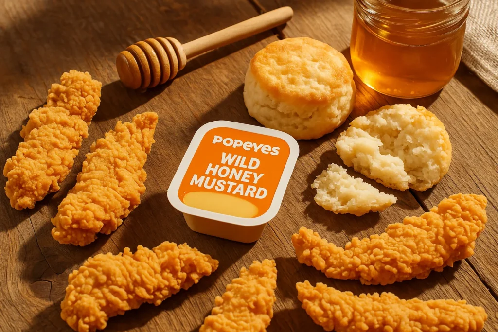 Popeyes Wild Honey Mustard with biscuits and chicken tenders