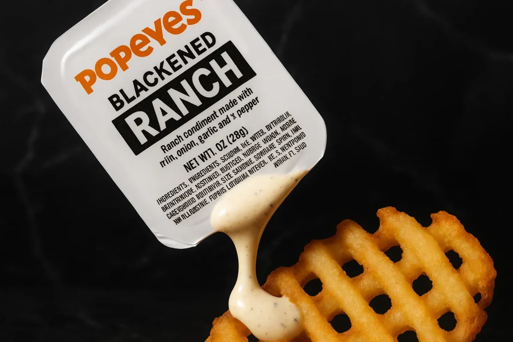 Popeyes Blackened Ranch sauce packet with dripping sauce on waffle fry