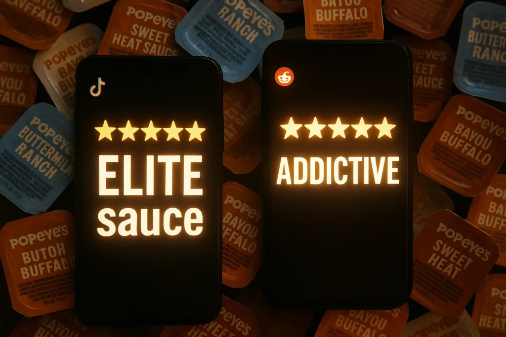 Social media reviews of Popeyes Blackened Ranch on TikTok and Reddit