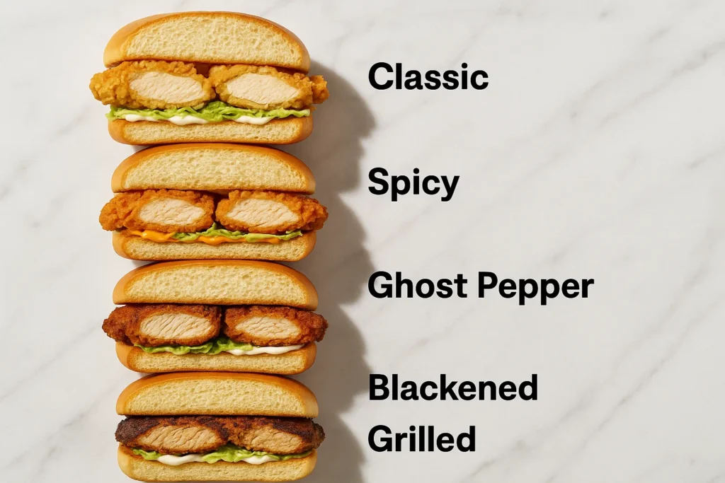 Comparison of Popeyes chicken sandwiches: Classic, Spicy, Ghost Pepper, Blackened, Grilled.