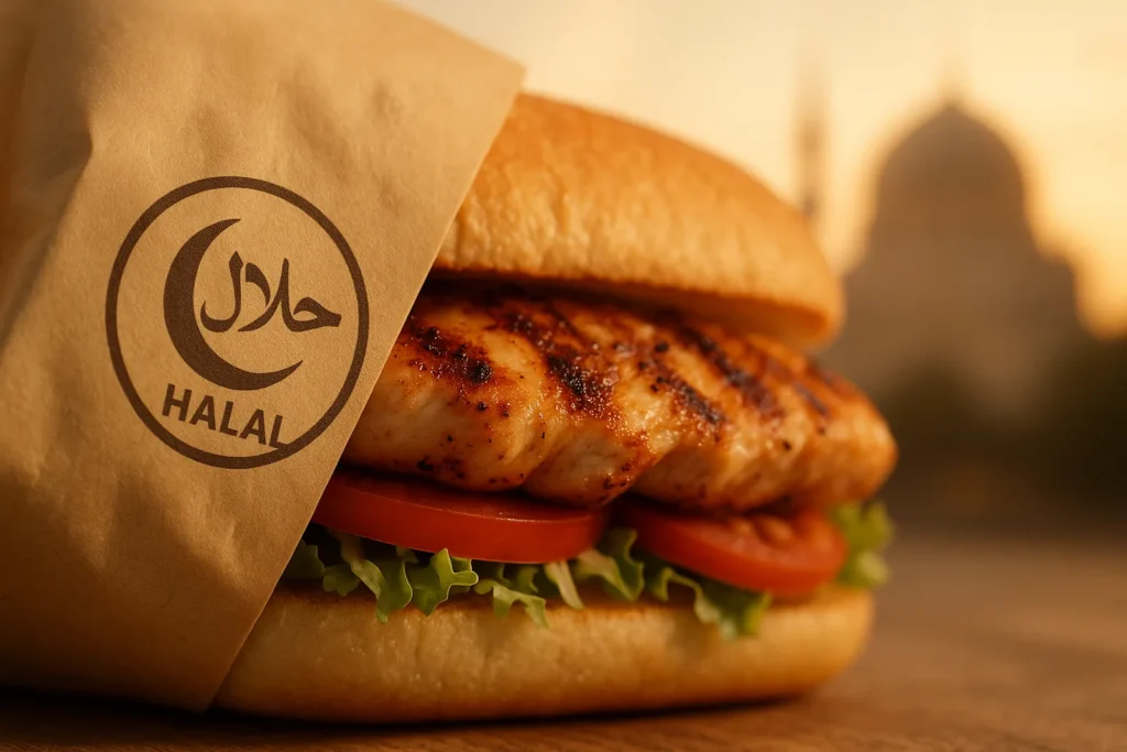 Halal-certified Popeyes Grilled Chicken Sandwich with certification symbol.