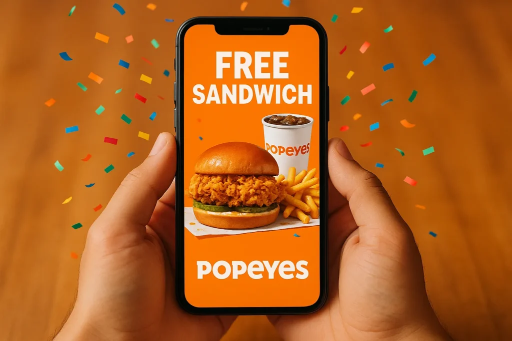 Popeyes app promotional offer for free chicken sandwich.