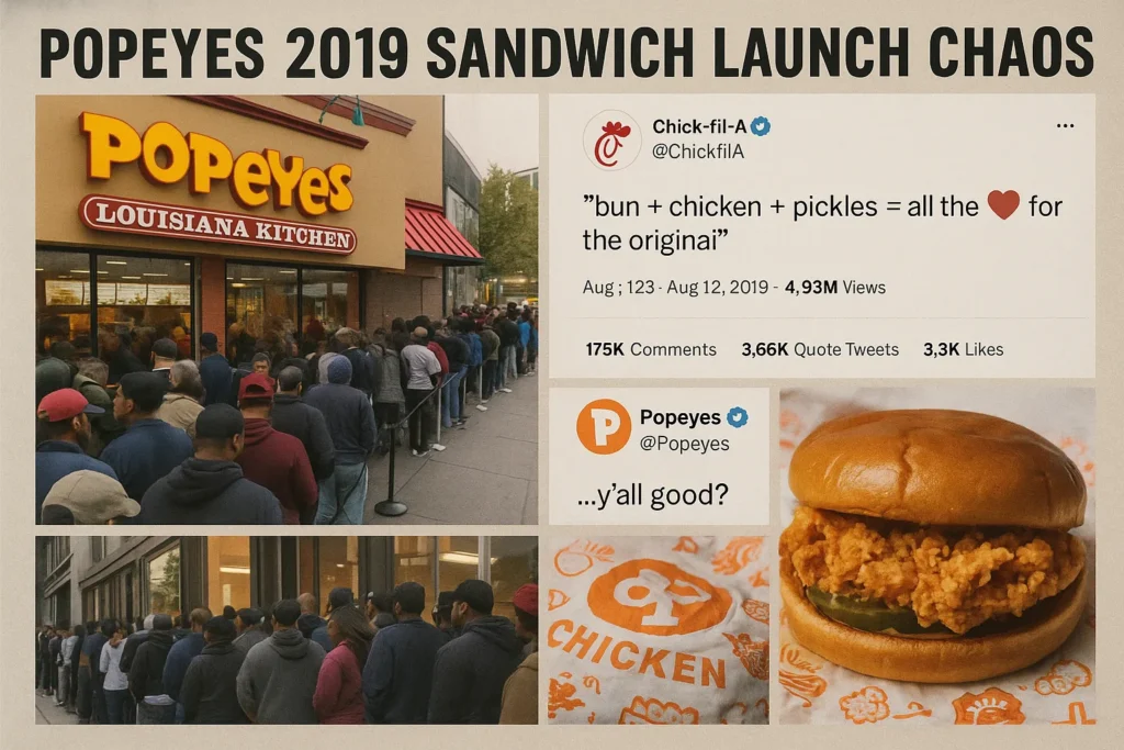 2019 Popeyes chicken sandwich launch: crowds, social media buzz, and packaging.