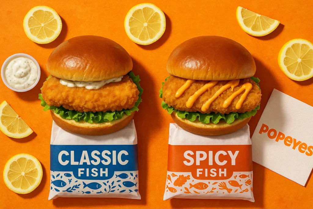 Popeyes Classic vs. Spicy Flounder Fish Sandwiches comparison.