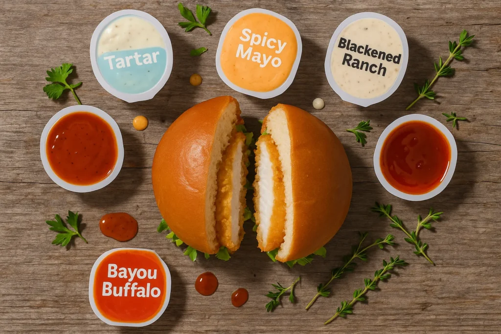 Sauce pairings for Popeyes fish sandwich: Tartar, Spicy Mayo, and more.