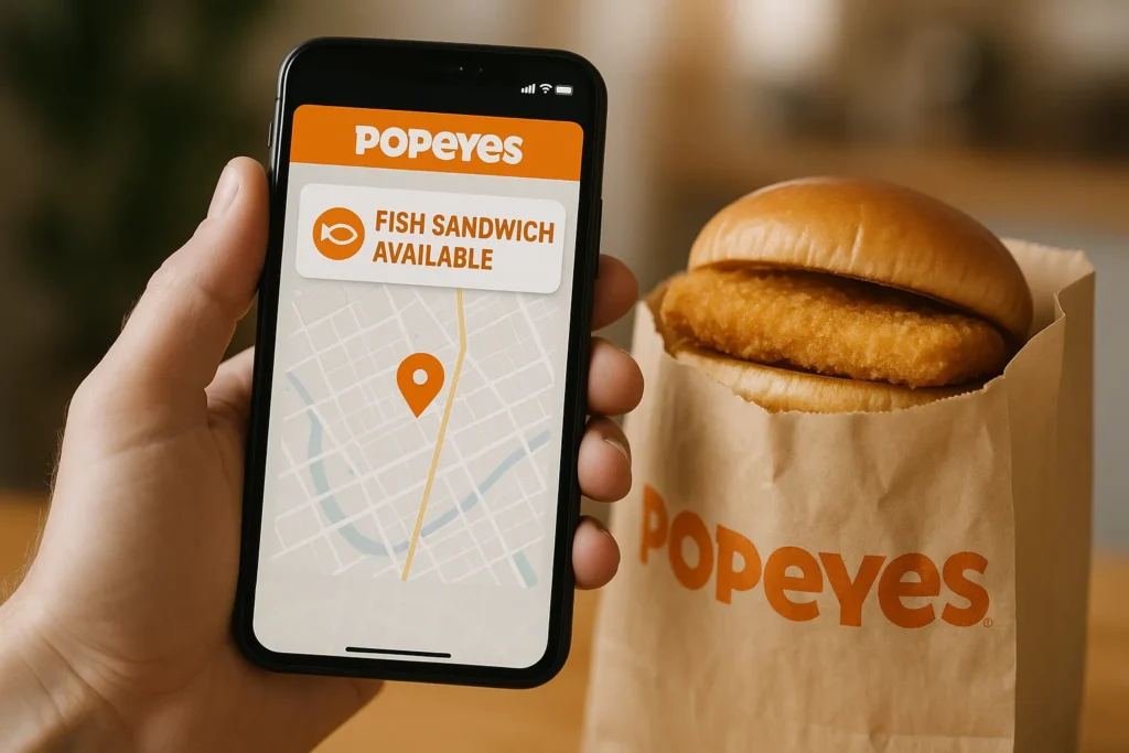 Finding Popeyes fish sandwich via mobile app.