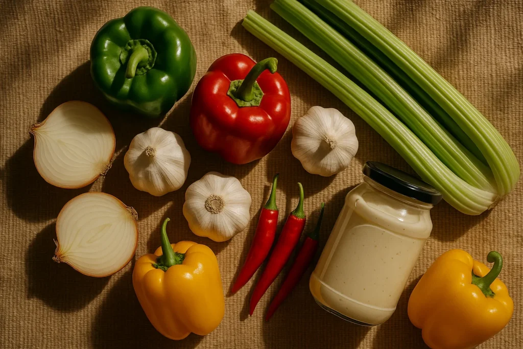 Fresh Louisiana ingredients for Popeyes Signature Sauce: bell peppers, celery, garlic