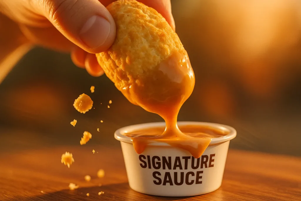 Dipping Popeyes biscuit into Signature Sauce with drips