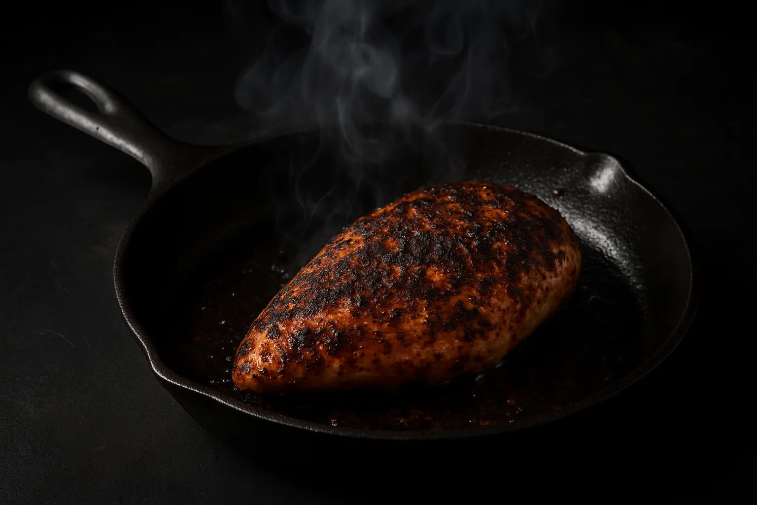 Blackened chicken breast searing in a cast-iron skillet with smoky spices.