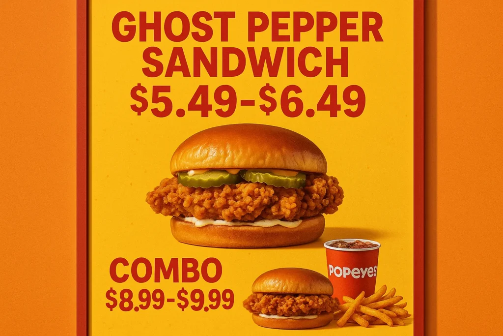 Popeyes Ghost Pepper Sandwich price and combo meal on a menu board.