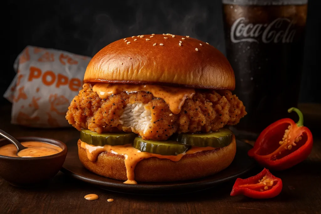 Close-up of Popeyes Ghost Pepper Sandwich with crispy ghost pepper-coated chicken, dripping spicy mayo, pickles, and toasted brioche bun on a dark slate table. Steam rises from the hot chicken.