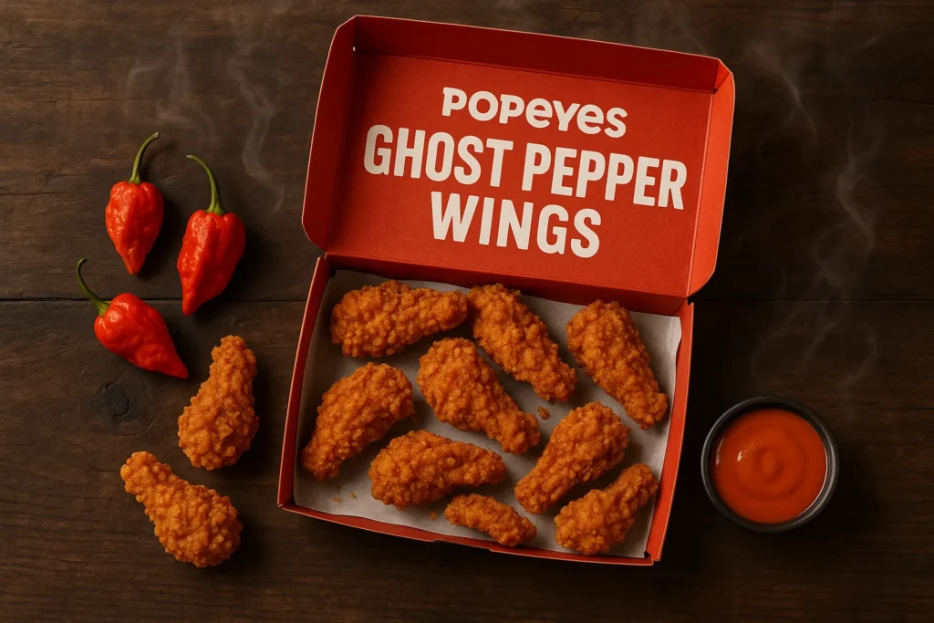 Popeyes Ghost Pepper Wings in a takeout box with ghost peppers.