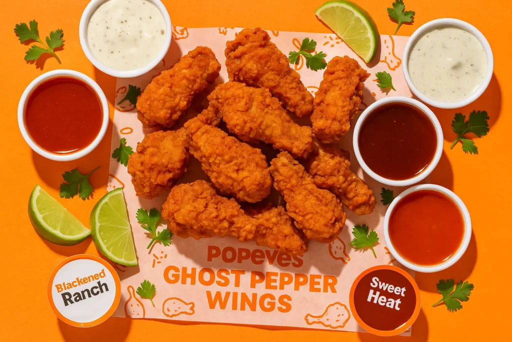 Popeyes wings with assorted dipping sauces.