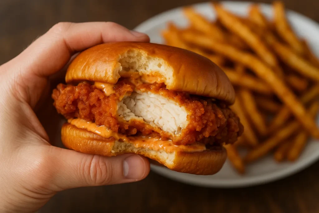 Half-eaten Popeyes Spicy Chicken Sandwich with dripping sauce.