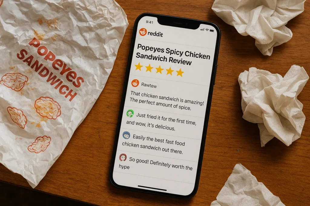 Social media reviews of Popeyes Spicy Chicken Sandwich.