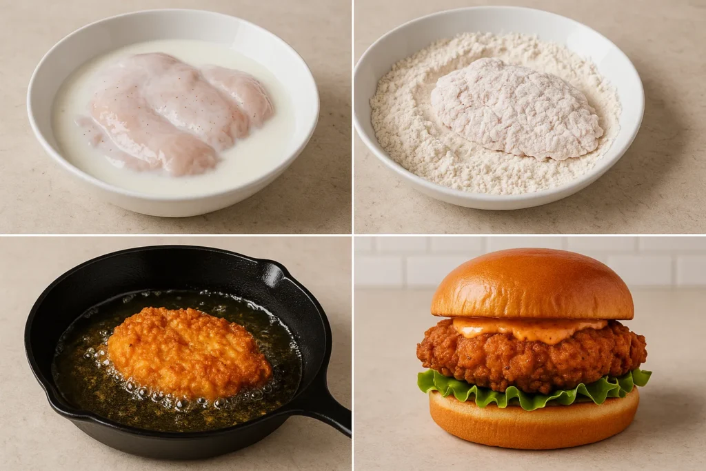 Homemade Popeyes-style spicy chicken sandwich recipe steps.