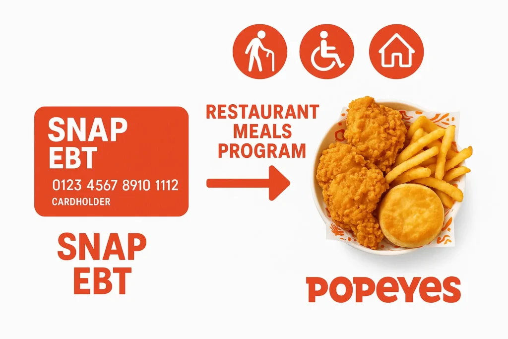 Infographic explaining EBT/RMP eligibility for Popeyes.