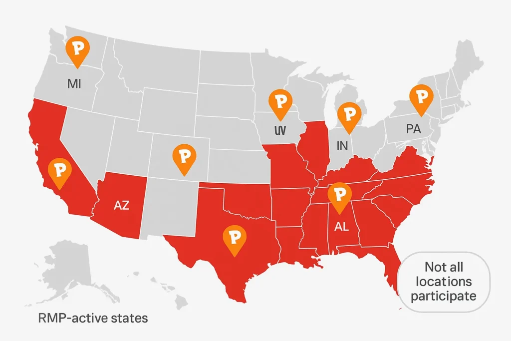 Map of U.S. states where Popeyes may accept EBT via RMP.
