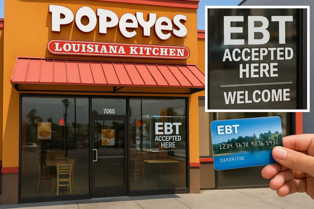 Popeyes storefront in California with EBT acceptance sign.