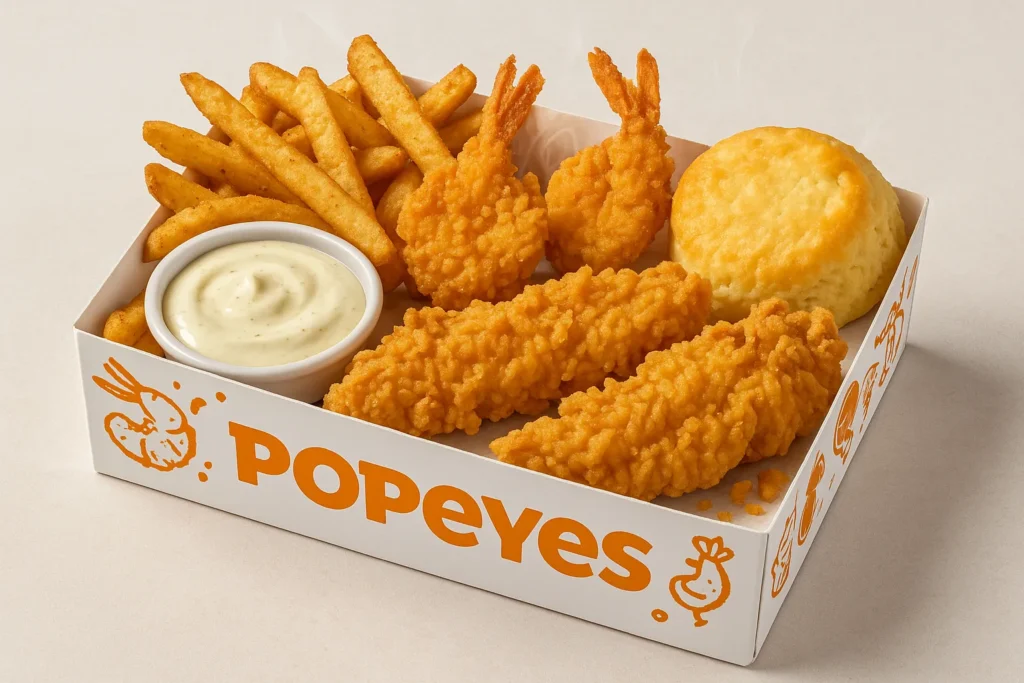 Popeyes Surf and Turf meal with shrimp, chicken tenders, fries, and biscuit.