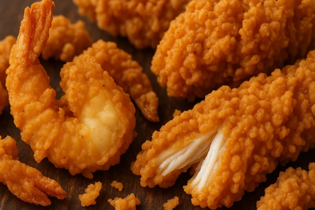 Close-up of Popeyes crispy shrimp and chicken tenders.