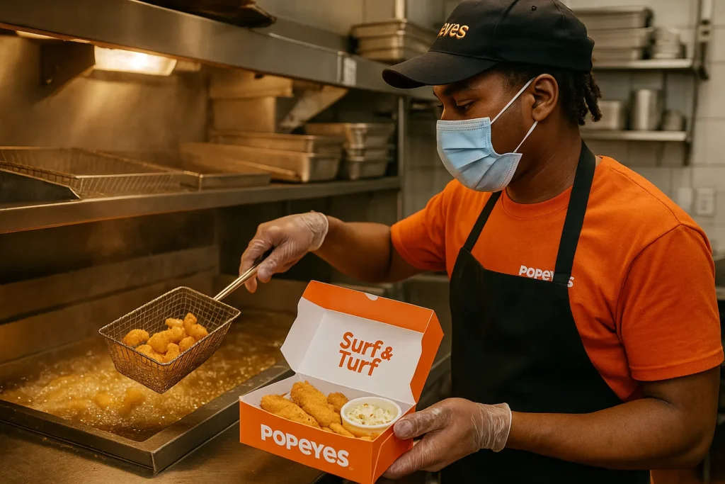 Popeyes kitchen preparing Surf and Turf meal.