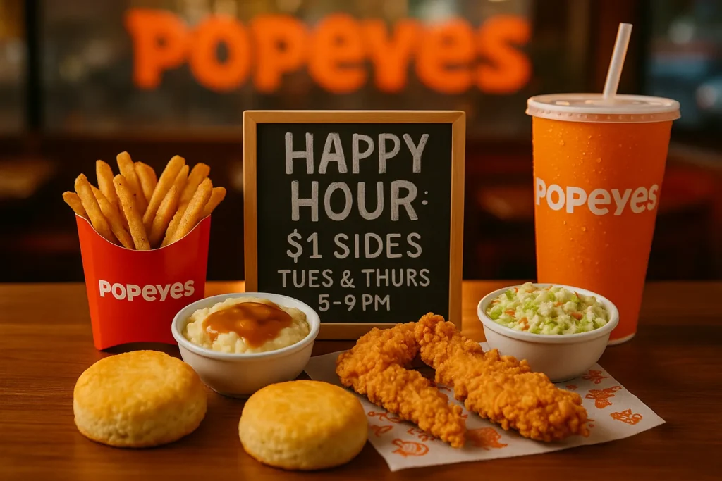 Popeyes Happy Hour meal with $1 sides, tenders, and drinks on a table.