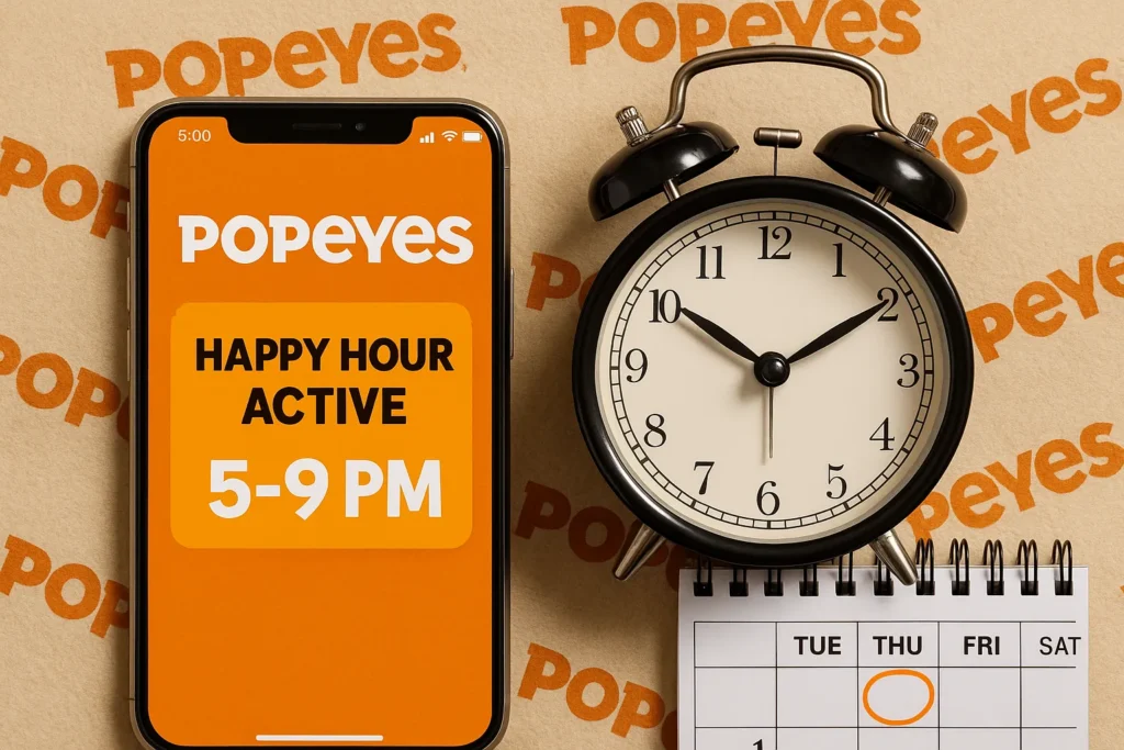 Popeyes app Happy Hour notification with clock and calendar.