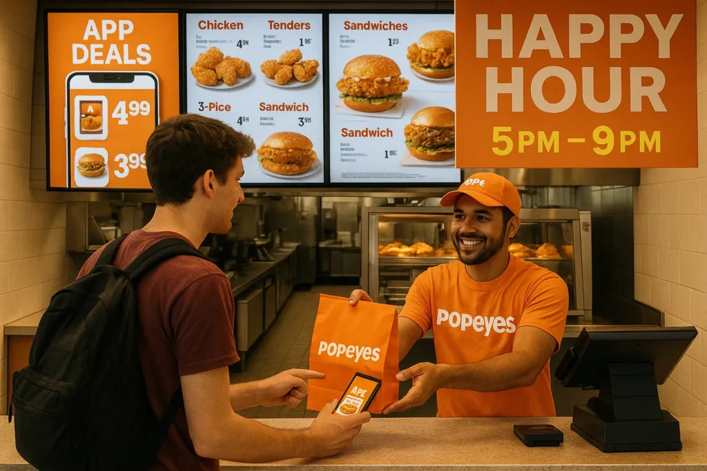 Student using Popeyes app for Happy Hour savings.