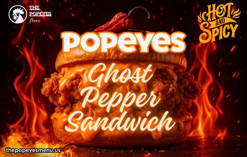 Spicy Popeyes Ghost Pepper Sandwich with melted sauce and crispy chicken.