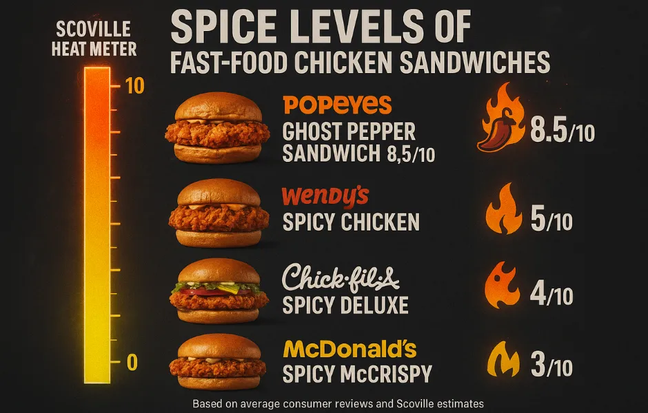 Infographic comparing spice levels of Popeyes Ghost Pepper Sandwich (8.5/10) vs. other fast-food spicy chicken sandwiches on a Scoville-style heat meter.