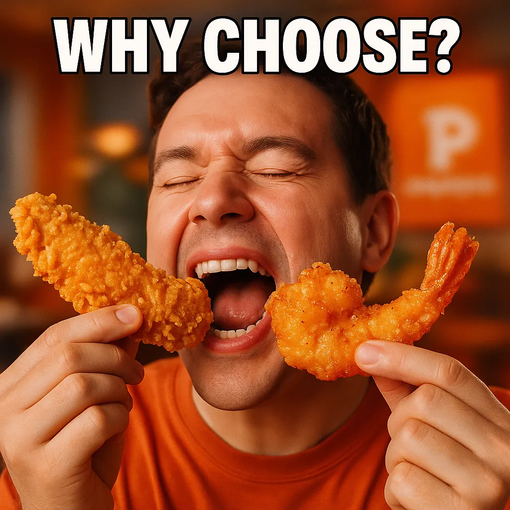 Happy customer enjoying Popeyes Surf and Turf.