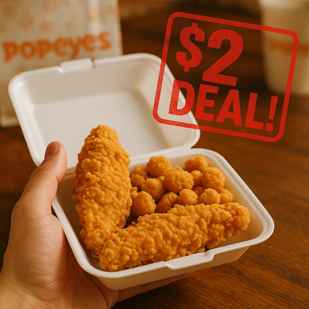 Close-up of Popeyes $2 Happy Hour tenders and popcorn shrimp.