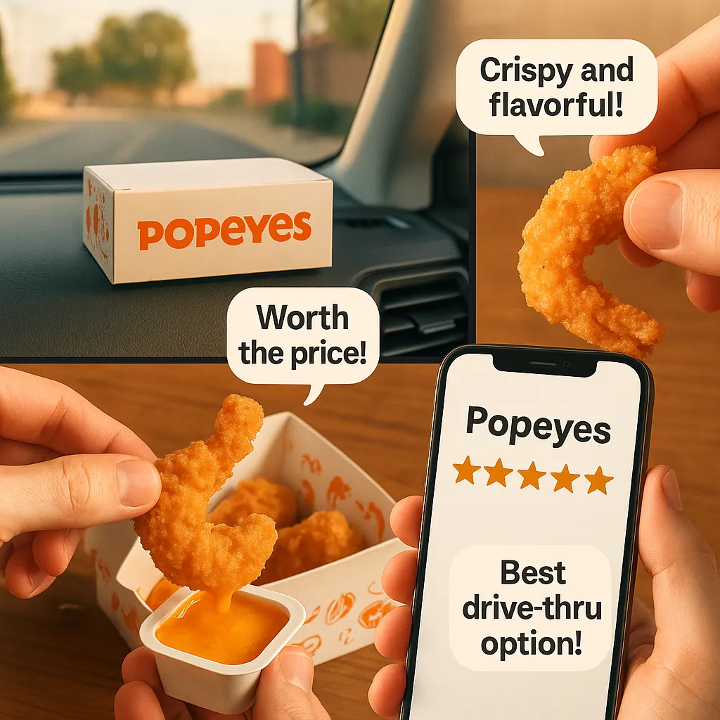 Customer review collage for Popeyes Shrimp Tackle Box 2025 showing ratings, quotes, and real meal images from drive-thru.