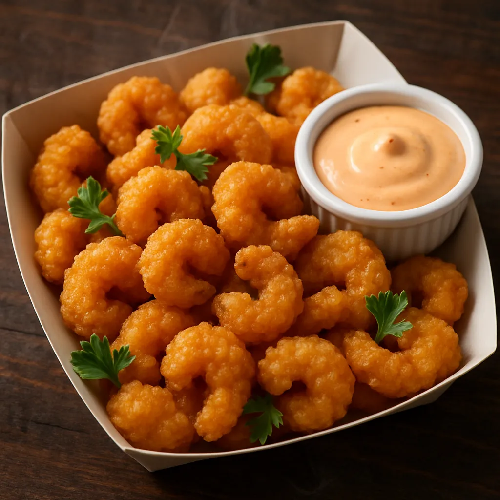 Crispy Popeyes popcorn shrimp served hot with dipping sauce