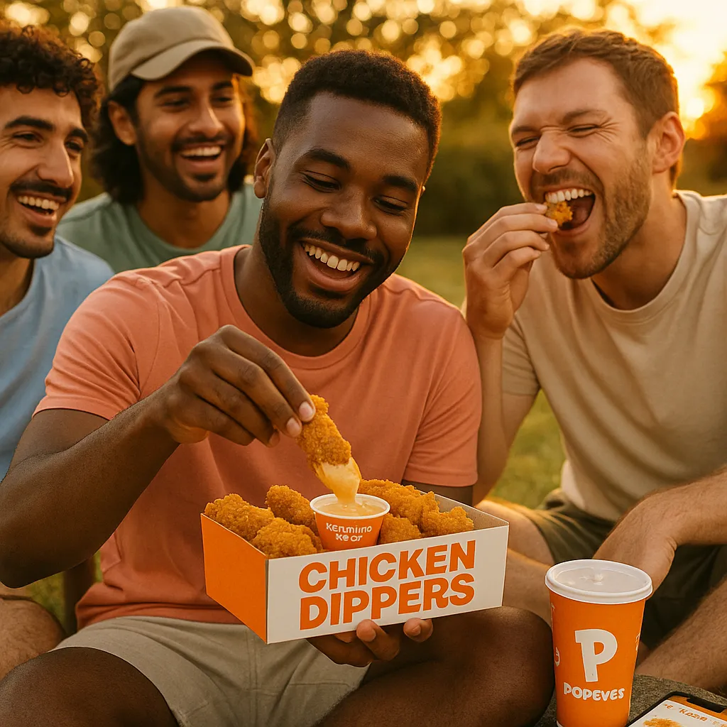 Friends enjoying Popeyes Chicken Dippers at a picnic.