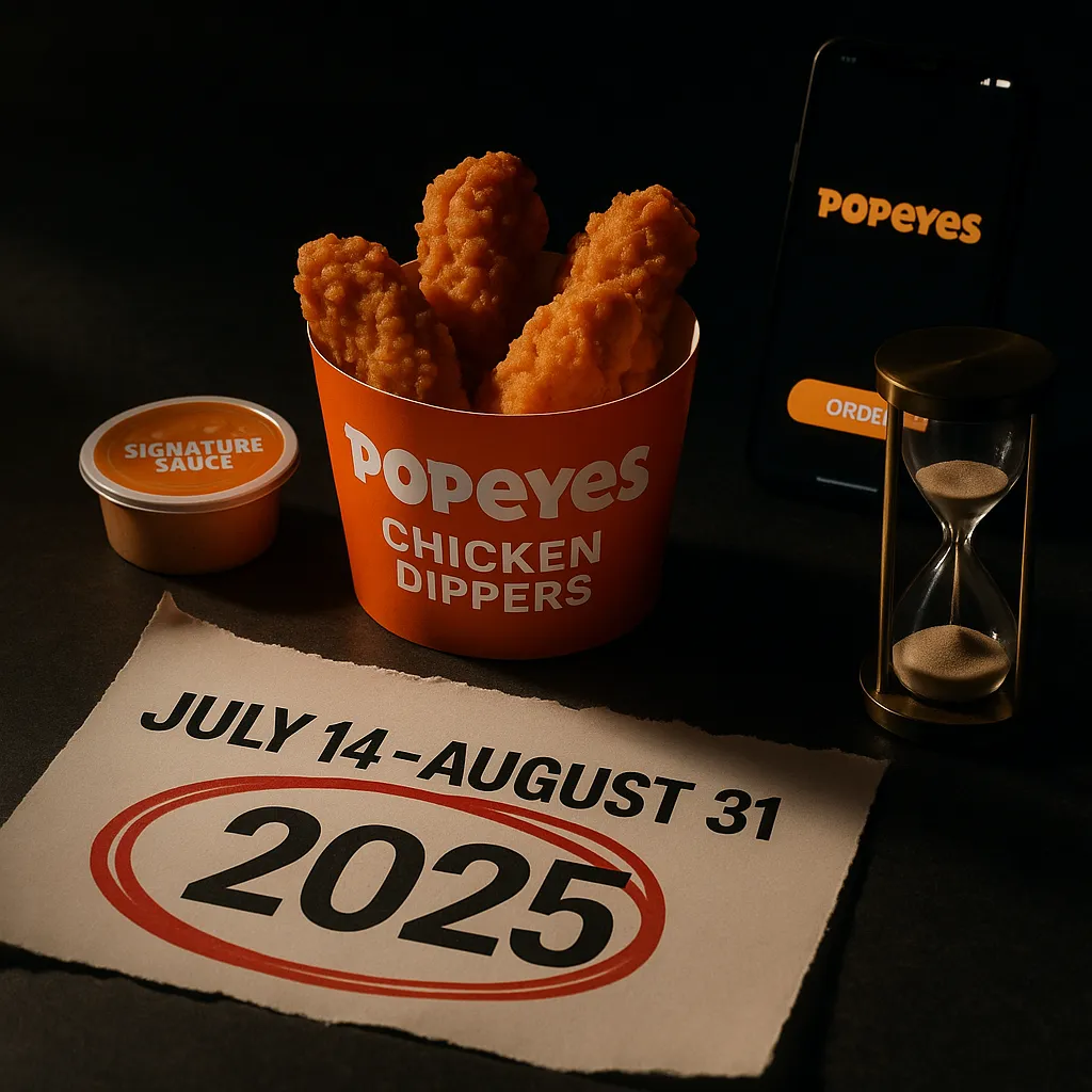 Limited-time availability of Popeyes Chicken Dippers until August 31, 2025.