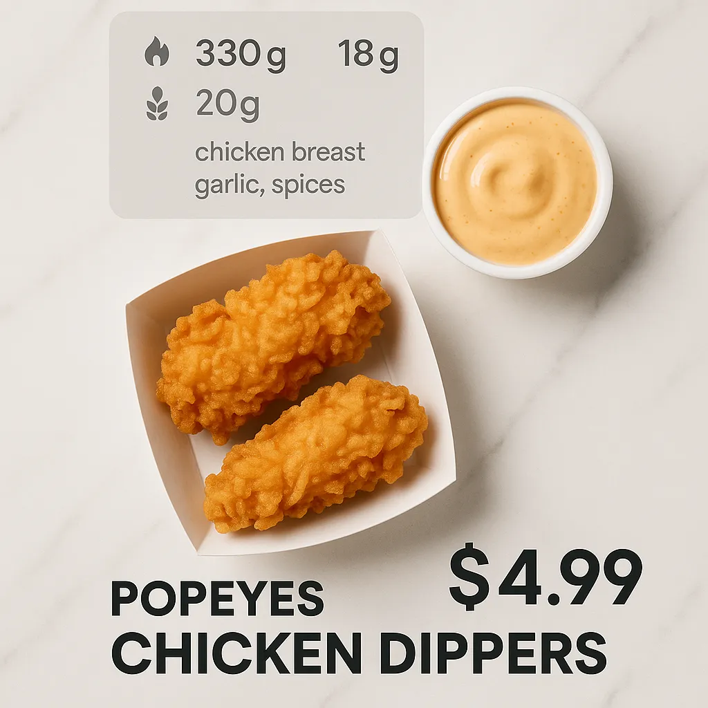 Popeyes Chicken Dippers price and estimated nutrition facts.