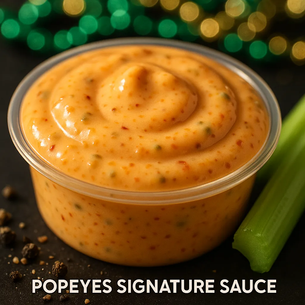 Creamy Popeyes Signature Sauce with Cajun spices in dipping cup.