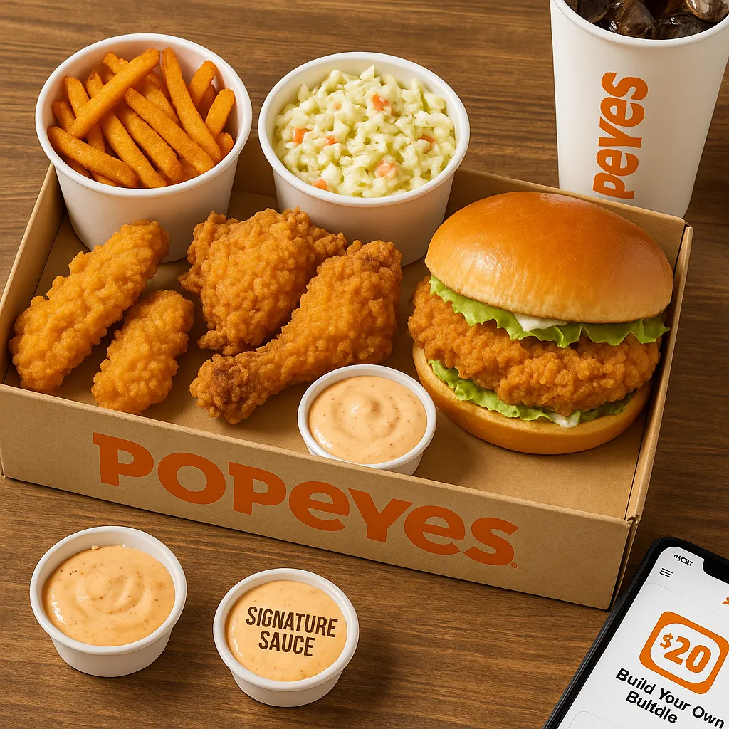 Popeyes Build Your Own Bundle meal with Chicken Dippers, chicken, sandwich, and sides.